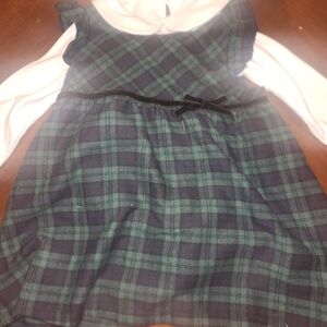 Girls' Green & Navy Plaid Sleeveless Dress with White Peter Pan Collar Shirt